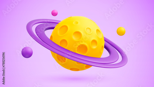 Cartoon yellow planet with craters and purple rings around. Creative Cute minimalistic 3d space symbol design for children's astronomy education and space theme. Cheese planet. Vector illustration