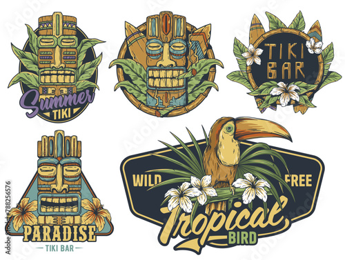 Hawaii wooden tiki mask collection. Traditional ethnic idol of hawaiian, maori or polynesian. Old tribal totem for tiki bar. Vibrant set of summer tiki masks and tropical design elements