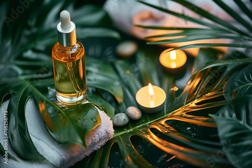 composition of spa treatment: bottle of oil with towel and candles on a large green leaf