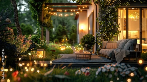 Summer evening on the patio of beautiful suburban house with lights in the garden garden. copy space for text. © Naknakhone