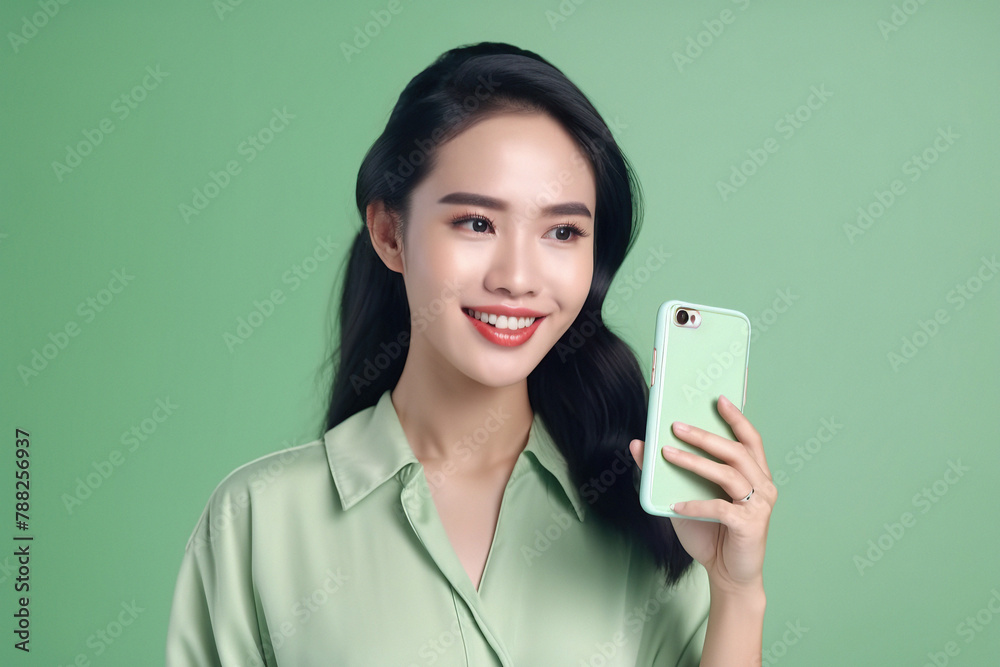 Beautiful Korean woman takes a selfie on a smartphone on a green background. Beautiful Korean woman takes a selfie on a smartphone on a green background.
