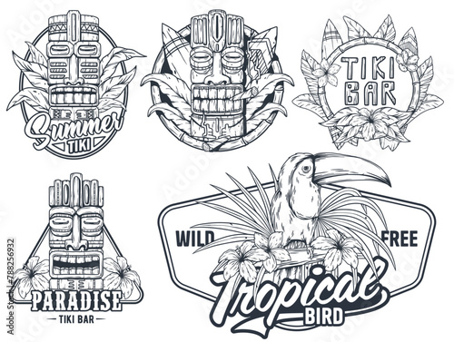 Set of black and white tiki mask designs with summer and tropical themes, perfect for prints
