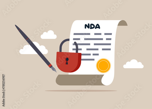 Non disclosure agreement contract signing, pen with NDA locked with padlock document. Modern flat vector illustration.