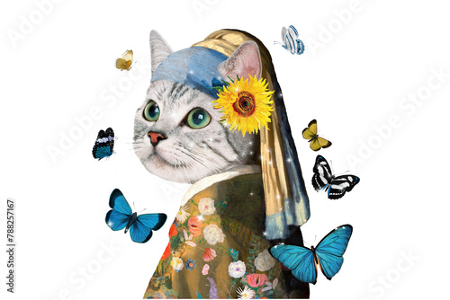 Png cat woman with pearl earring sticker, transparent background