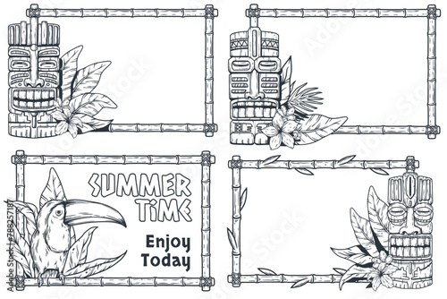 Wooden tiki mask collection. Traditional ethnic idol of hawaiian, maori or polynesian. Old tribal totem for tiki bar. Set of line art tiki masks and summer-themed frames for hawaii-inspired designs