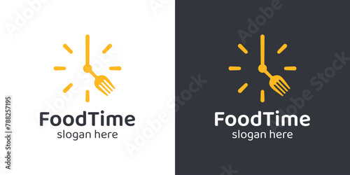 Eat time logo design template. Time clock with spoon fork design graphic vector illustration. Symbol, icon, creative.