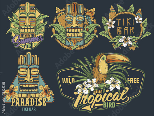 Hawaii wooden tiki mask collection. Traditional ethnic idol of hawaiian, maori or polynesian. Old tribal totem for tiki bar. Vibrant set of summer tiki masks and tropical design elements