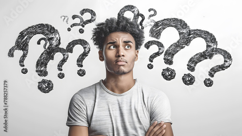 man standing looking very confused with question marks flying over his head photo