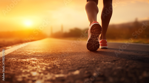 Close-up of runner's legs on the road at sunset, highlighting healthy lifestyle