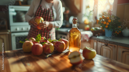 Bottle of apple juice with fresh apples on kitchen counter