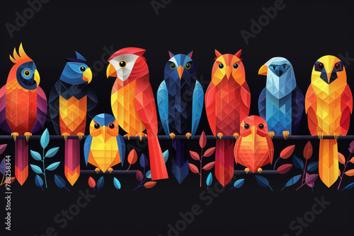 Row of Colorful Geometric Owls Perched on Branch in a Nighttime Setting