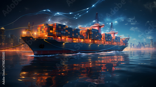 Global network connected cargo ship with import and export logistics concept © ma