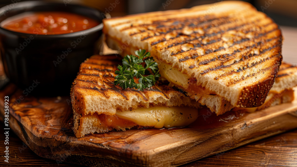 Grilled cheese sandwich with tomato soup on wooden board Grilled cheese sandwich with tomato soup on wooden board