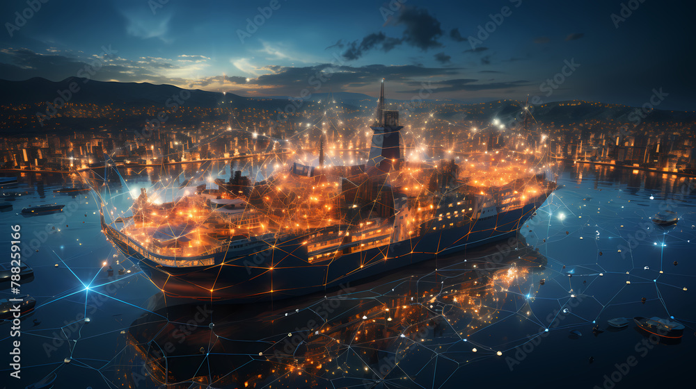 Fototapeta premium Global network connected cargo ship with import and export logistics concept