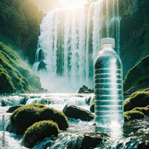 A bottle of clean water on the background of a waterfall