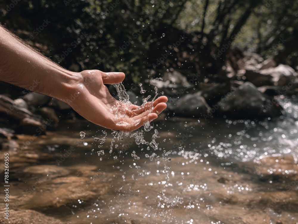 A hand is splashing water in a stream. The water is clear and the stream is surrounded by rocks. The scene is peaceful and calming, with the sound of the water