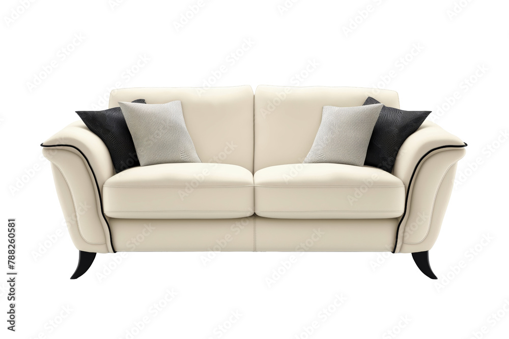 A white couch with black and white pillows. The couch is very clean and well made. Isolated A white couch with black and white pillows. The couch is very clean and well made. Isolated