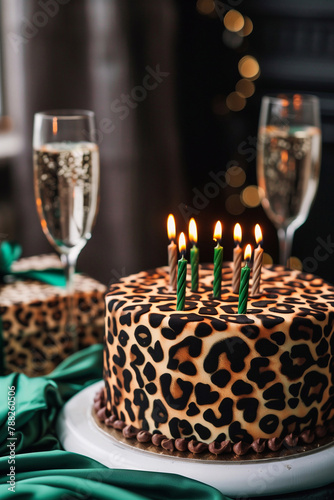 celebration birthday cake with leopard spots, with birthday candles