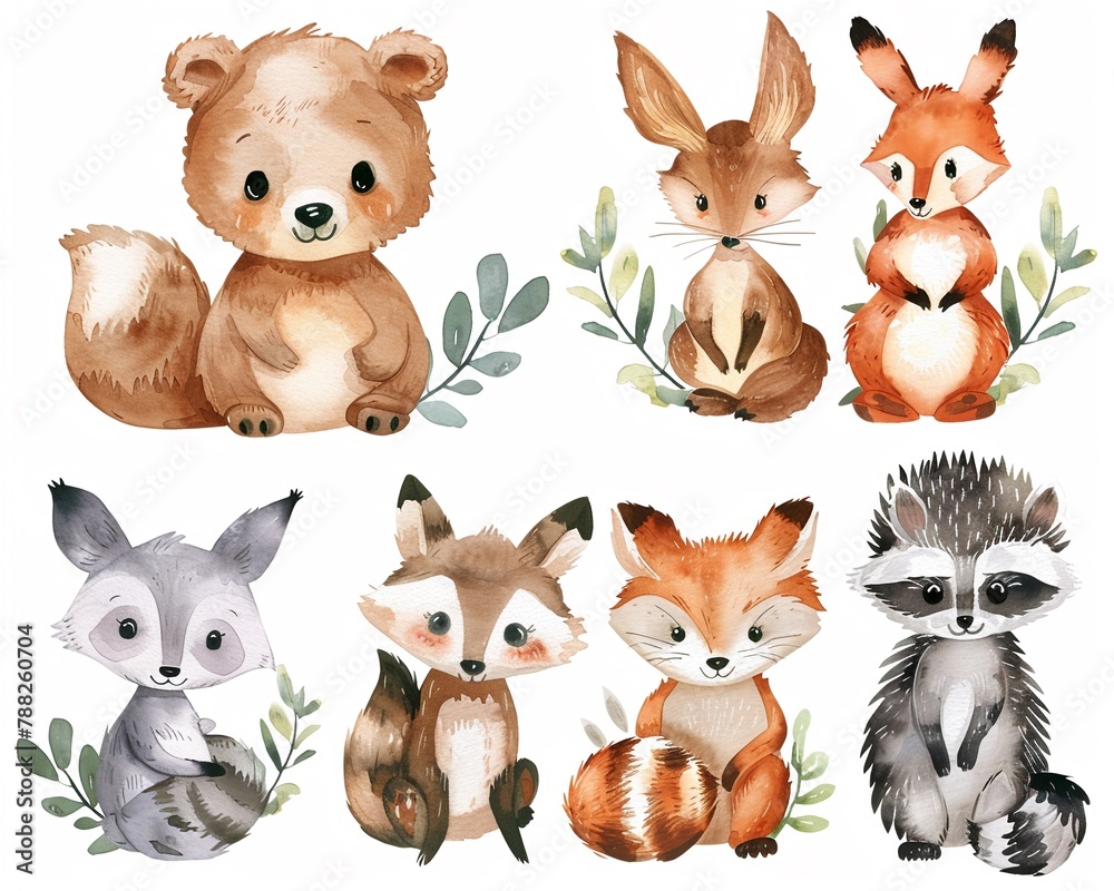 Watercolor art set of woodland animals painted in cheerful pastels, including a friendly bear, elegant deer, playful foxes, a cuddly bunny, sneaky raccoon, and a cozy hedgehog Watercolor art set of woodland animals painted in cheerful pastels, including a friendly bear, elegant deer, playful foxes, a cuddly bunny, sneaky raccoon, and a cozy hedgehog