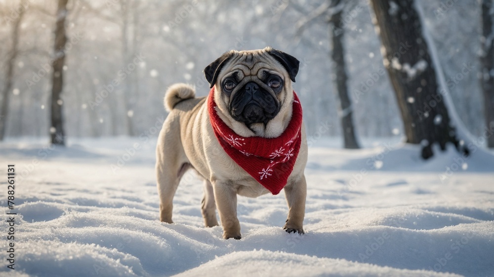 Pug stands in snowy forest clearing, wearing festive red bandana with white snowflakes. Pug's dark eyes, wrinkled face focal point of image, contrasting with white snow, bare trees in background.