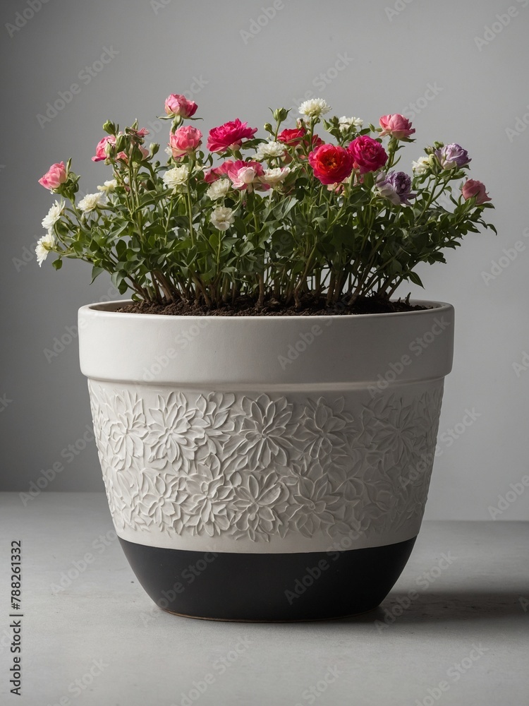 Cluster of small, delicate roses in varying shades of pink, white bloom from large white ceramic pot. Pot features embossed floral pattern on its upper half, contrasting black base. Cluster of small, delicate roses in varying shades of pink, white bloom from large white ceramic pot. Pot features embossed floral pattern on its upper half, contrasting black base.