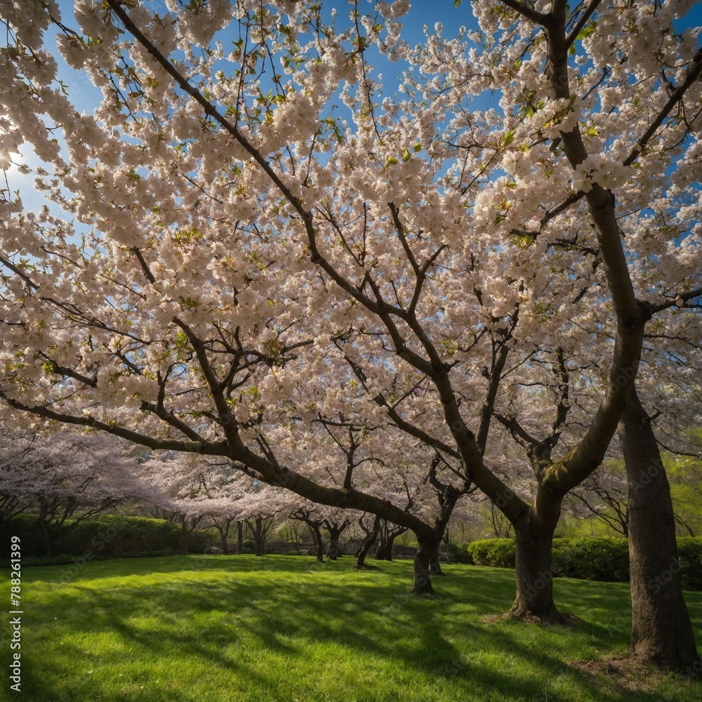 Sun shines through branches laden with cherry blossoms in full bloom. Trees cast long shadows on green grass below. Sky clear blue with only few wispy clouds.