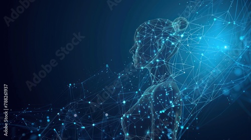 Abstract digital human body. Polygonal wire frame silhouette. Low poly anatomy blue background. Technology futuristic man or woman model. AI generated photo