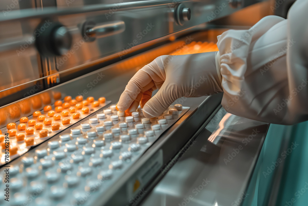 Pharmacist inspecting medication production in a sterile environment. Pharmacist inspecting medication production in a sterile environment.
