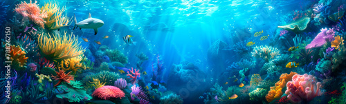 Vivid coral reef teeming with sharks and fish in azure underwater world. An underwater oasis of colorful coral, algae, and a variety of fish and sharks swimming in the azure waters of the ocean