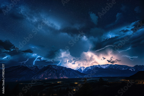 During a thunderstorm at night, there is bright lightning in mountains AI Generative