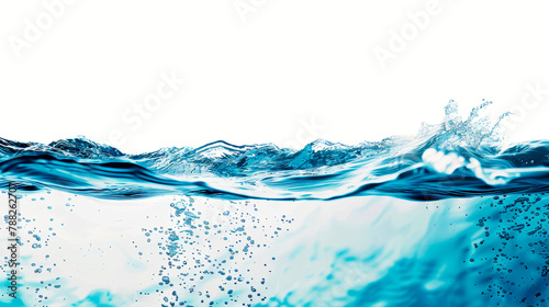 A splash of water against isolated white background. A splash of water, resembling a wind wave, on a white background creates a natural landscape filled with fluid movement and electric blue hues. 