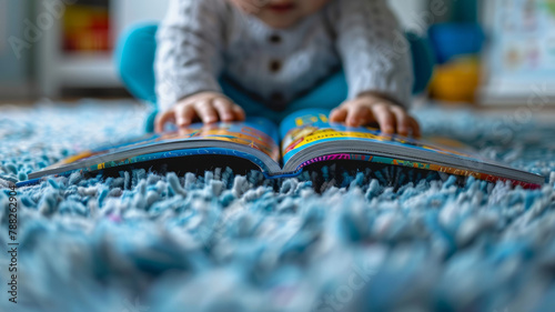 Baby reading book on floor