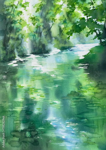 Green spring river in the forest watercolor background