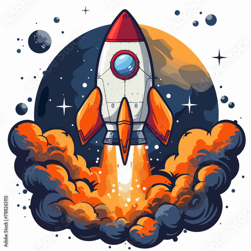 cartoon spaceship flighing through the stars illustration in vectorial, rocket in space, logo photo