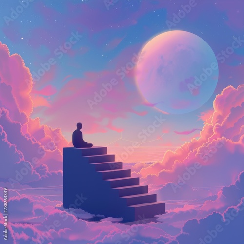 A figure sits atop surreal stairs among pink clouds, gazing at a giant moon, evoking introspection and dreams. Suitable for concept art themes.
