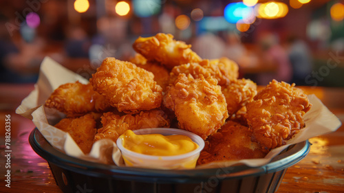 Fried chicken tenders in a basket with sauce. photo