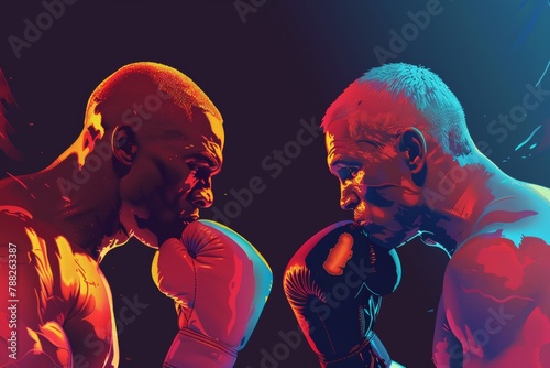 Two boxers face off in a heated moment, silhouettes against a fiery yellow backdrop, capturing the spirit of competition and challenge. photo