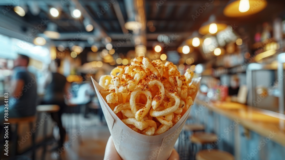 Close-up of spicy macaroni and cheese in a cone