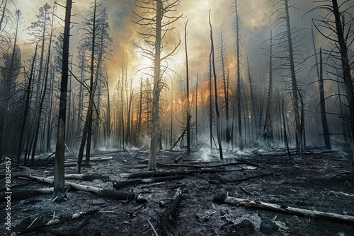 Quiet aftermath of a forest fire captured at dawn, with burnt trees and smoldering ground fogged by smoke. Burned trees and ashes.