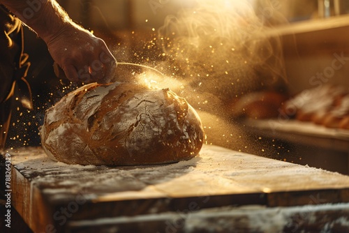 A baker's hands dusting flour over fresh bread loaves, with a dynamic sprinkle of flour in a warm, ambient bakery.
