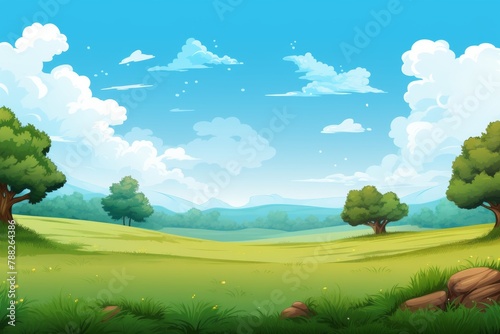 Cartoon environment with trees, grasses and clouds. Landscape illustration.