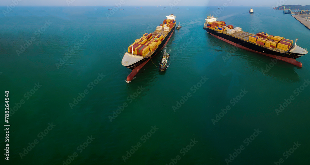 Container ship cruising open ocean sea for logistics import export, shipping or transportation