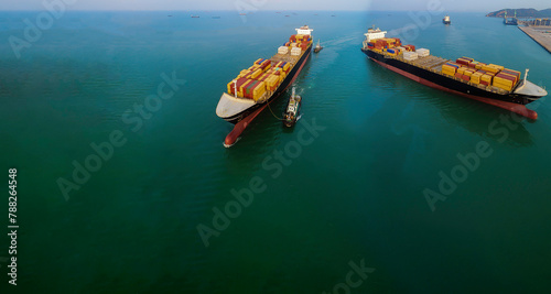 Container ship cruising open ocean sea for logistics import export, shipping or transportation