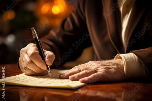 Intimate Closeup photo of writing man. Hand recording information in diary notepad. Generate ai photo