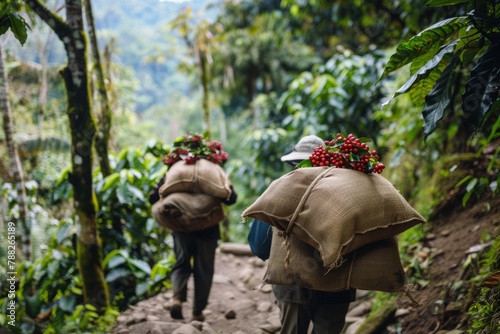 Coffee Farmers Carrying Heavy Sacks of Freshly Harvested Coffee Beans on Their Shoulders, Navigating Steep Mountain Trails and Rustic Pathways, Generative AI