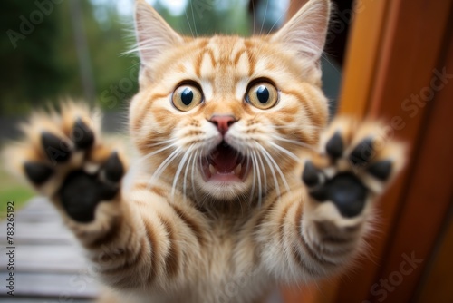 Funny cat photo saying no to camera with paws