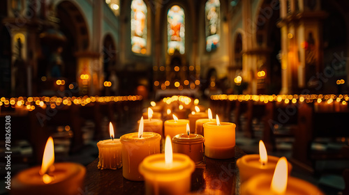 close up candlelight in church for National Day of Prayer background. © Curva Design