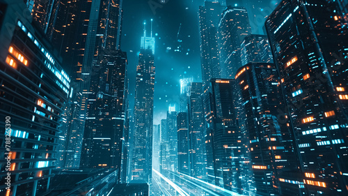 Neon-lit skyscrapers in a futuristic city with dynamic light trails and a sci-fi atmosphere at night.
 photo