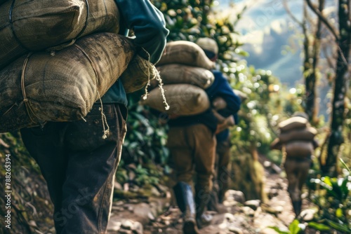 Coffee Farmers Carrying Heavy Sacks of Freshly Harvested Coffee Beans on Their Shoulders, Navigating Steep Mountain Trails and Rustic Pathways, Generative AI