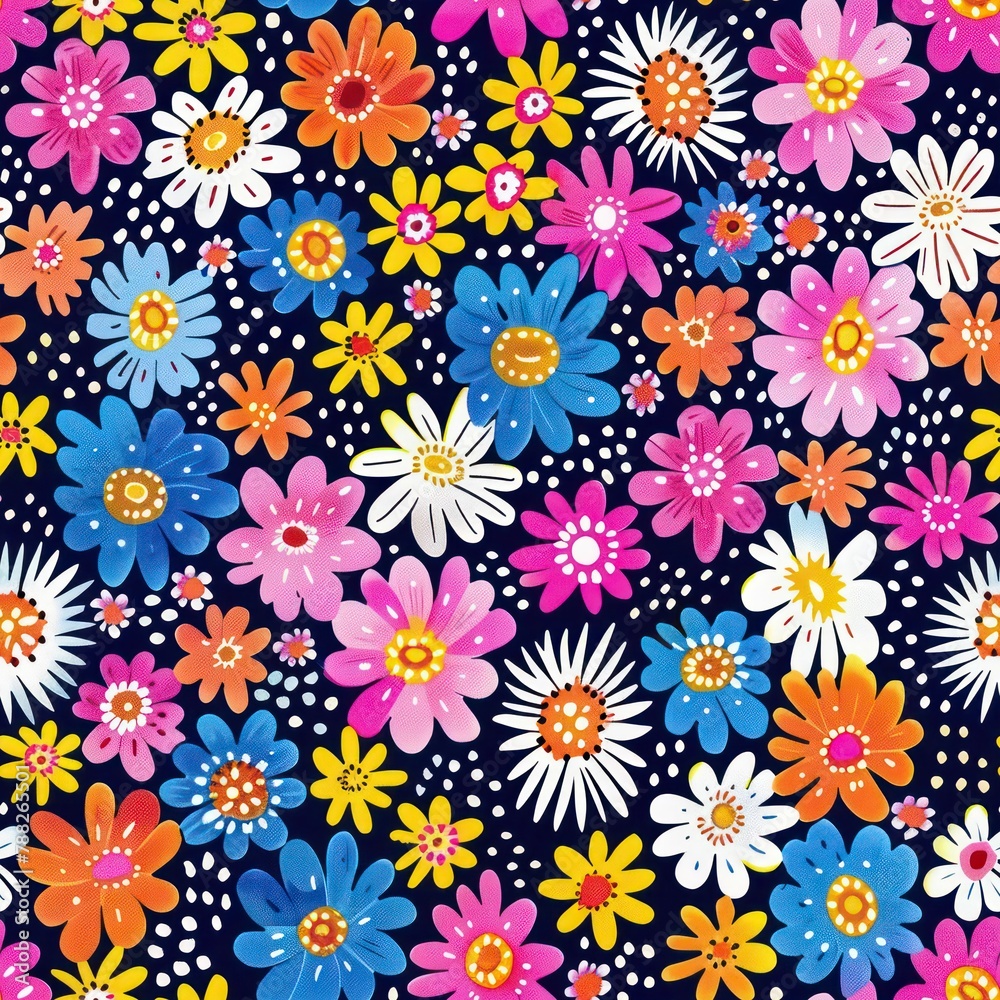 Seamless preppy multicolored flowers pattern background